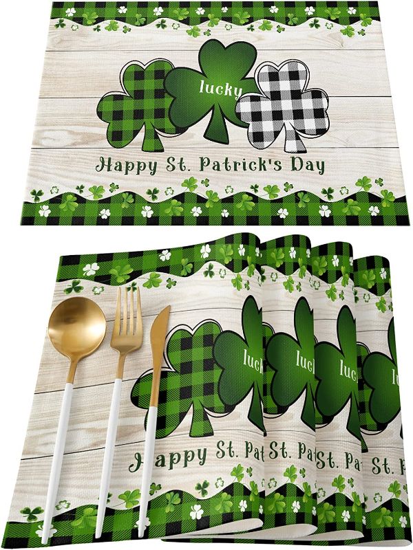 Photo 2 of  bundle of ZEREAA Placemats Set of 6, Lucky Clover Green Buffalo Plaid Hem with Wooden Texture Heat Resistant Washable Farmhouse Place Mats for Dining Table Kitchen Decor and Clown Diamond Painting Girl,Clown Diamond Art Female,Movie Diamond Painting Lady