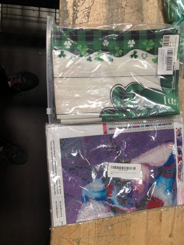 Photo 1 of  bundle of ZEREAA Placemats Set of 6, Lucky Clover Green Buffalo Plaid Hem with Wooden Texture Heat Resistant Washable Farmhouse Place Mats for Dining Table Kitchen Decor and Clown Diamond Painting Girl,Clown Diamond Art Female,Movie Diamond Painting Lady