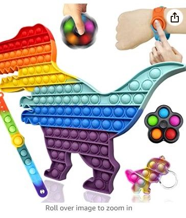 Photo 1 of bundle of 2 (4 Pack Big Size Pop Fidget Toy Set, Rainbow Large Dinosaur Pop Toy, Jumbo Pop Bubble Wristband Fidget Sensory Toy, Silicone Rainbow Stress Reliever Hand Finger Game Toy for Adults and Kids)
