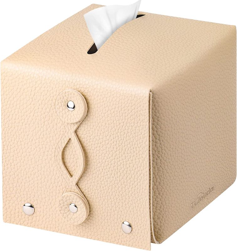 Photo 1 of bundle of 3 Tissue Box Cover(5.5"X5.5"X5.5"), Tclouda, Modern PU Leather Square Tissue Box Holder for Creative Decorative, Use for Bathrooms/Office/Car/Nightstand/Outdoor Tent/Dining Table, Single Beige
