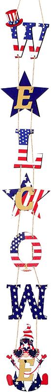 Photo 2 of bundle of Jetec 4th of July Party Decor Welcome Hanging Vertical Sign Decoration Vertical Wooden Wall Hanging Independence Day Plaque Home Decoration for American Independence Day Indoor Outdoor Decor and 2 x Large Special Effect Bath Bombs Pack, Magic Ba