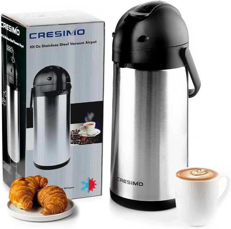 Photo 1 of CRESIMO 101 Oz Thermal Coffee Dispenser - Insulated Coffee Airpot with Coffee Air Pump - 12 Hour Heat Retention/24 Hour Cold Retention- Stainless Steel Coffee Carafe for Hot / Cold Water and Coffee