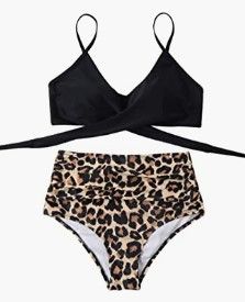 Photo 1 of RUUHEE Women Criss Cross High Waisted String Floral Printed 2 Piece Bathing Suits leopard print size L 8-10