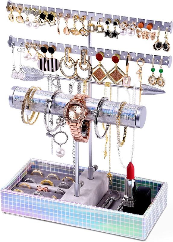 Photo 1 of RWWXII Earring Organizer Stand for Kids 3 Tier Earring Holder with Jewelry Tray, Earring Display Stand for Necklaces Bracelet Earring and Ring ?Silver?
