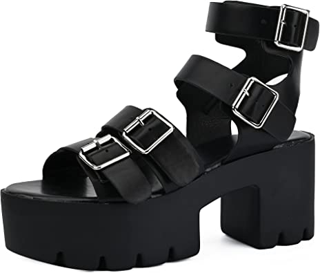 Photo 1 of Women's Chunky Platform Sandals in Open Toe Multi Buckle Ankle Strap Block Heel size 9
