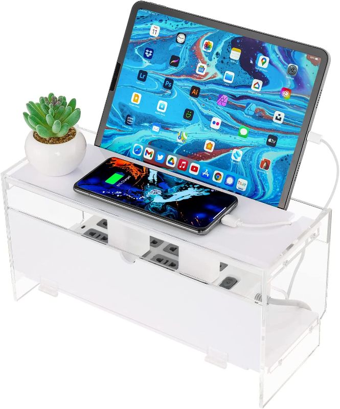 Photo 1 of HMYHUM Acrylic Nightstand Organizer, Multifunctional Cable Management Box to Hide Power Strips, Phone Docking Station for Cell Phone, Tablet, Clear & White
