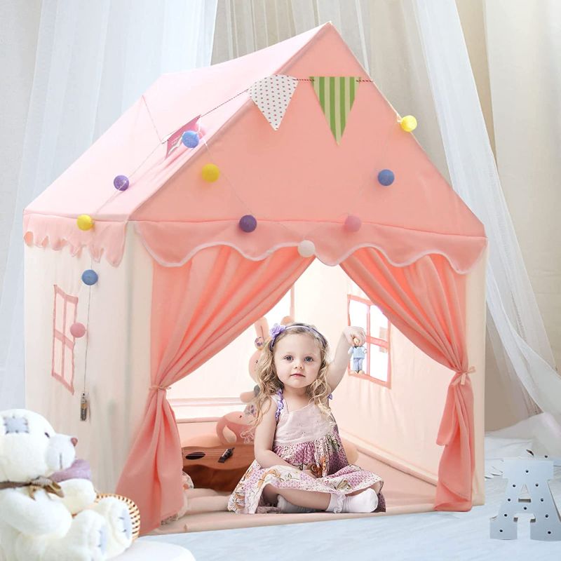 Photo 1 of Princess Castle Play Tent for Kids, 100% Natural Fabric Extra Large Foldable Fairy Pink Tent for Girls, Playhouse with Lights and Flags for Children Indoor & Outdoor by WOOD CITY (52"x 40"x 47")
