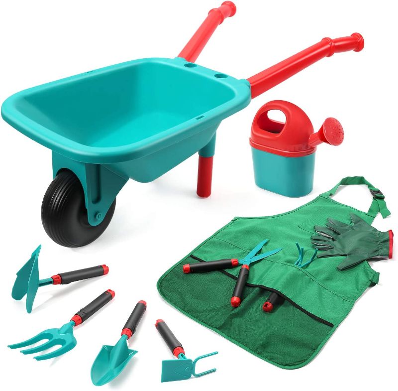 Photo 1 of CUTE STONE Kids Gardening Tool Set, Garden Toys with Wheelbarrow, Watering Can, Gardening Gloves, Hand Rake, Shovel, Trowel, Double Hoe, Apron with Pockets, Outdoor Indoor Toys Gift for Boys Girls
