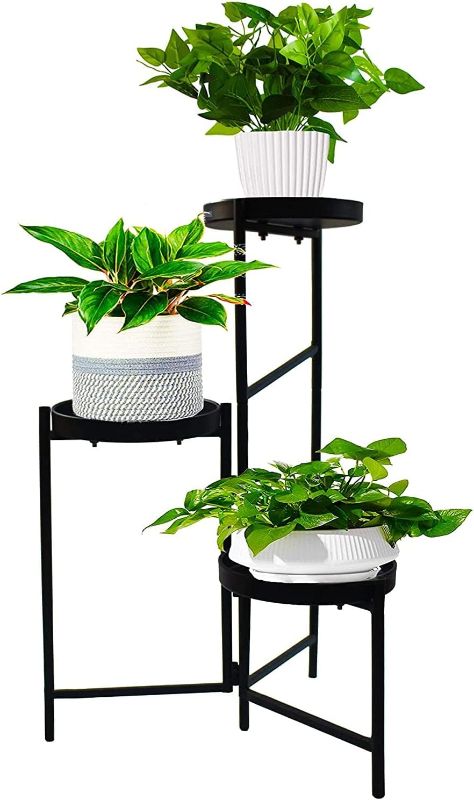 Photo 1 of Metal Plant Stand Outdoor-3 Tier Flower Pot Holder-Wrought Iron Plants Rack Indoor-Corner Stands Display Shelf-Fold Vertical Planter Shelves Table for Garden Patio Lawn Balcony Office Black Round