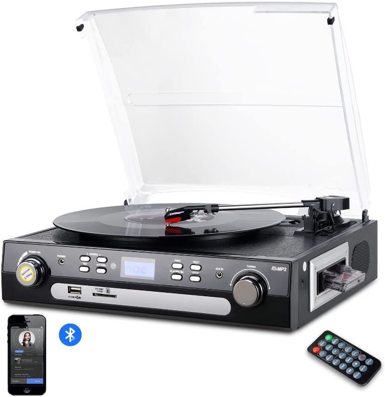 Photo 1 of DIGITNOW Bluetooth Record Player with Stereo Speakers, Turntable for Vinyl to MP3 with Cassette Play, AM/FM Radio, Remote Control, USB/SD Encoding, 3.5mm Music Output Jack(Black)