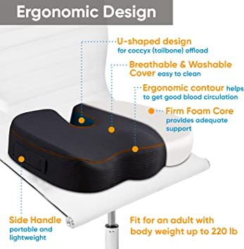 Photo 1 of Seat Cushion Pillow for Office Chair - Memory Foam Firm Coccyx Pad - Tailbone, Sciatica, Lower Back Pain Relief - Contoured Posture Corrector for Car, Wheelchair, Computer and Desk Chair