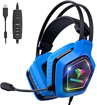 Photo 1 of BENGOO USB Pro Gaming Headset for PC PS4, 7.1 Surround Sound Gaming Headphones with Noise Cancelling Mic, in-Line Volume/Mic/EQ Control, Soft Memory Earmuffs RGB Lights for Laptop Mac Nintendo 64