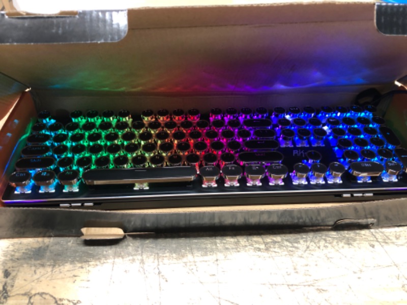 Photo 1 of RK ROYAL KLUDGE Typewriter Style Mechanical Gaming Keyboard with True RGB Backlit Collapsible Wrist Rest 108-Key Blue Switch Retro Round Keycap - Black