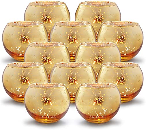 Photo 1 of Volens Round Gold Votive Candle Holders, Mercury Glass Candle Holder Set of 12