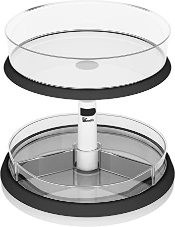 Photo 1 of 2-Tier Lazy Susan Turntable and Height Adjustable Cabinet Organizer with 1x Large Bin and 3 x Divided Bins, Removable, Clear Spice Rack Organizer for Cabinet, Pantry, Kitchen (2 Tier w/Bins)
