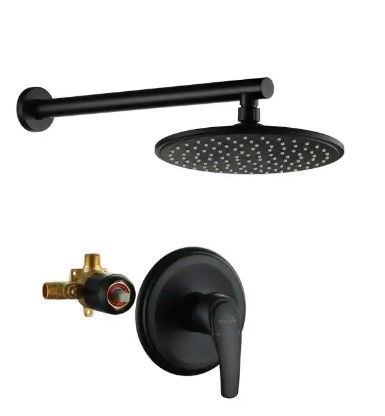 Photo 1 of 1-Spray Patterns with 3.4 GPM 9 in. Wall Mount Rain Fixed Shower Head with Single Lever Handle and Valve in Matte Black
