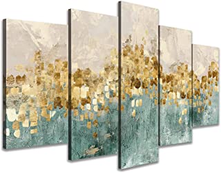 Photo 1 of Abstract Blue and Golden Canvas Wall Art Tan Color Pictures 5 Panel Artwork Painting for Living Rooms *** USED**