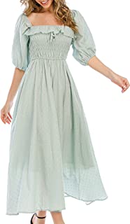 Photo 1 of R.Vivimos Women Summer Half Sleeve Cotton Ruffled Vintage Elegant Backless A Line Flowy Long Dresses GREEN
