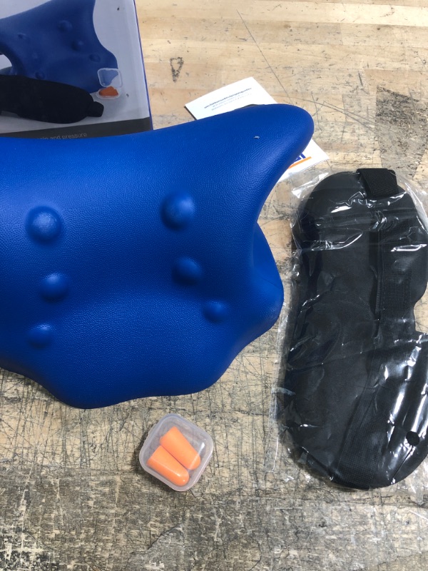 Photo 2 of Neck Stretcher for Neck Pain Relief - Cervical Neck Traction Device for Neck Hump Corrector - Chiropractic Pillow, Neck and Shoulder Relaxer - with Eye Mask and Earplugs for Relaxation (Blue)