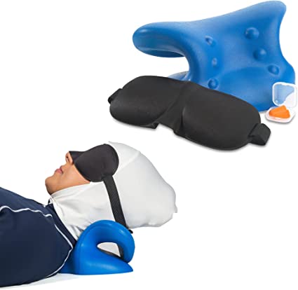 Photo 1 of Neck Stretcher for Neck Pain Relief - Cervical Neck Traction Device for Neck Hump Corrector - Chiropractic Pillow, Neck and Shoulder Relaxer - with Eye Mask and Earplugs for Relaxation (Blue)