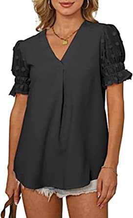 Photo 1 of CORIRESHA V Neck Short Ruffled Pom-Poms Sleeve Curved Hem Chiffon Blouse, M