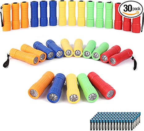 Photo 1 of 30-Pack Small Mini Flashlight Set, 5 Colors, 9-LED Handheld Flashlight with Lanyard,90-Pack AAA Battery Included for Kids/Night Reading/Party/Camping/Emergency/Hunting(30 Pack)