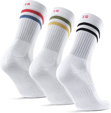 Photo 1 of DANISH ENDURANCE Performance Crew Tennis Socks for Men & Women, Sports & Everyday Wear, Retro, 3 Pack (White Retro Multicolor (1 x Red/Blue stripes, 1 x White stripes, 1 x Green/Yellow stripes), US Women 8-10 