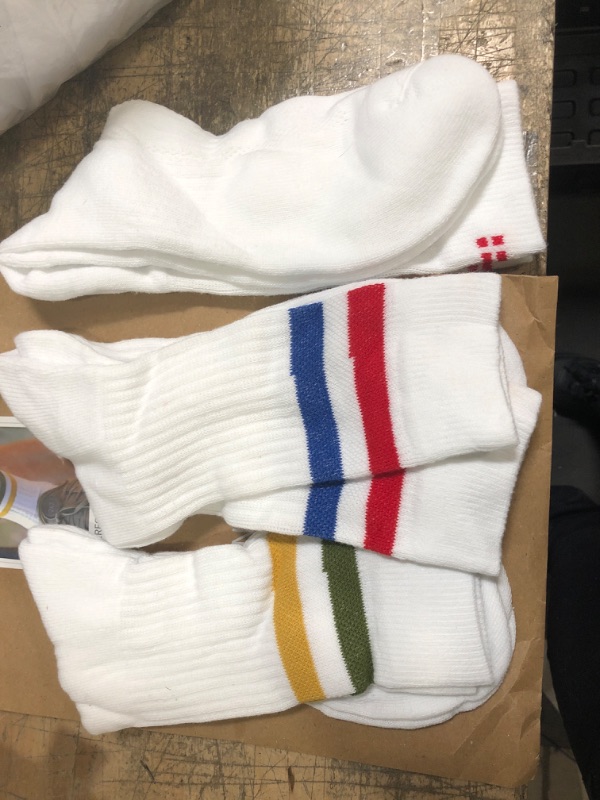 Photo 2 of DANISH ENDURANCE Performance Crew Tennis Socks for Men & Women, Sports & Everyday Wear, Retro, 3 Pack (White Retro Multicolor (1 x Red/Blue stripes, 1 x White stripes, 1 x Green/Yellow stripes), US Women 8-10 