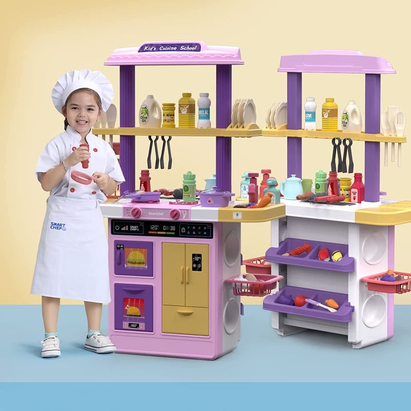 Photo 1 of SmartChef Play Kitchen Set, 2-in-1 Kids Kitchen & Grill Playset, 65Pcs Kitchen Accessories Set for Toddlers ,Pink Kids Kitchen Playset with Real Lights & Sounds, Outdoor Playset for Kids,Girls & Boys
