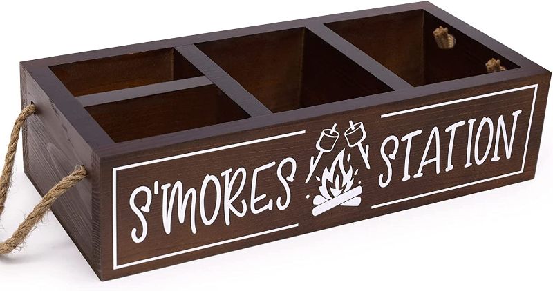 Photo 1 of (MAIN PHOTO USED AS REFERENCE ONLY *CHECK PHOTOS) S'mores Station Wooden Box S'mores Bar Holder with Handles Farmhouse Kitchen Decor Rustic Smores Roasting Station Wood Organizer Camping BBQ Accessories Teacher Gift
