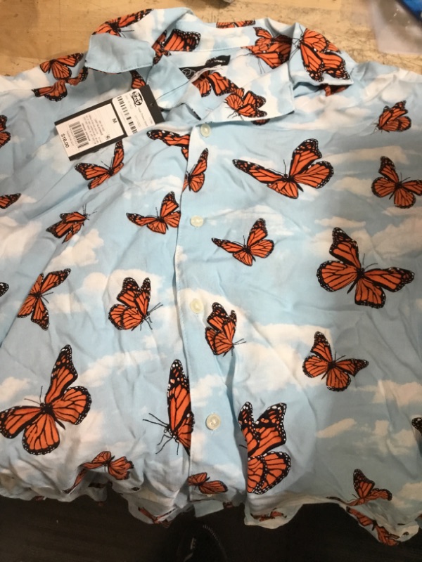 Photo 2 of Adult Printed Short Sleeve Button-Down Shirt - Original Use™ Light Blue/Butterfly - MEDIUM

