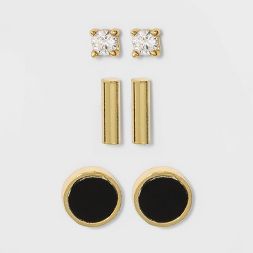 Photo 1 of ***MISSING Cubic Zirconia PAIR***
 Sterling Silver with Clear Cubic Zirconia and Gold Onyx Bar Stud Earring Set 3pc - A New Day™ Gold

