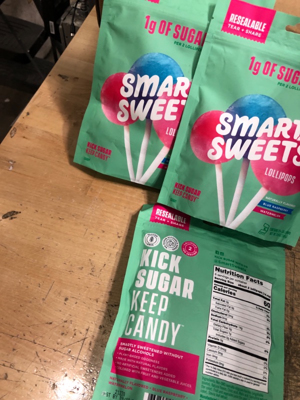 Photo 2 of *** Best By  08/18/2022****      SmartSweets Lollipops, Blue Raspberry & Watermelon, Hard Candy with Low Sugar (1g), Low Calorie (60) 3 Pack 