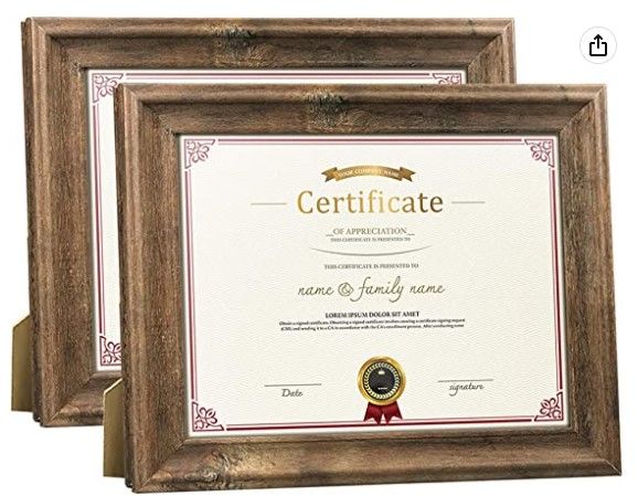 Photo 1 of 2 Pack 8.5 x 11 Certificate Picture Frames Set Brown Rustic Diploma Document Award Photo Frame for Tabletop Stand or Wall Hanging
