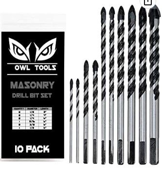 Photo 1 of 10 Piece Masonry Drill Bits Set (Tile, Brick, Cement, Concrete, Glass, Ceramic POTS, CINDERBLOCK, & Wood) Chrome Plated with Industrial Strength Carbide Tips - Bonus Storage CASE Included
