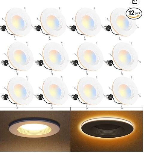 Photo 1 of 12 Pack 5/6 Inch LED Recessed Lighting W/Night Light, CRI90, 1100lm, 15W=100W, 2700K/3000K/3500K/4000K/5000K Selectable, Baffle Trim, Dimmable Recessed Lighting, Damp Rated LED Can Lights
