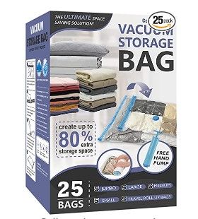 Photo 1 of 25 Pack Vacuum Storage Bags, Space Saver Bags (5 Jumbo/5 Large/5 Medium/5 Small/5 Roll) Compression Storage Bags for Comforters and Blankets, Vacuum Sealer Bags for Clothes Storage, Hand Pump Included
