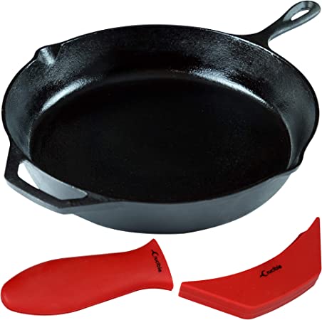 Photo 1 of 12-Inch Cast Iron Skillet Set (Pre-Seasoned), Including Large & Assist Silicone Hot Handle Holders | Indoor & Outdoor Use
