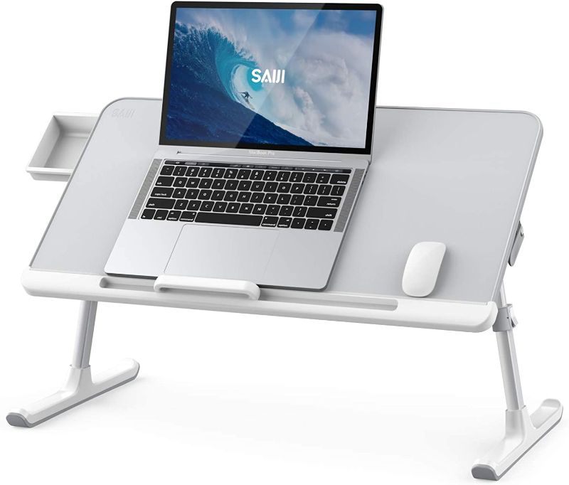 Photo 1 of SAIJI Laptop Bed Tray Table,Laptop Lap Desk for Bed,Adjustable Foldable Table Stand with Storage Drawer for Couch Eating,Working,Gaming,PVC Leather Non-Slip Desktop,Fit with 17" Laptop (Large,Gray)
