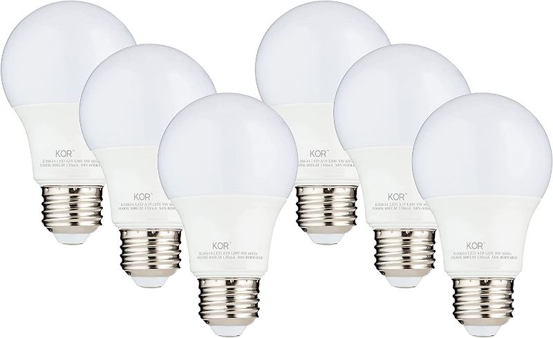 Photo 1 of (6 PACK) KOR 9W LED A19 Light Bulb (60W Equivalent), UL Listed, 5000K (Bright White Daylight), 800 Lumens, Non-Dimmable, LED 9-Watt Standard Replacement...
