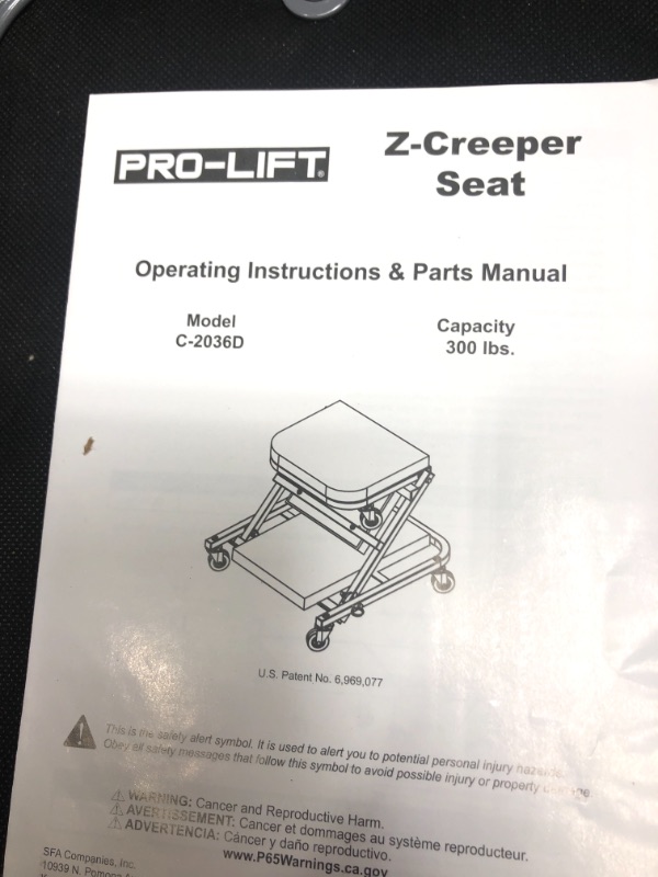 Photo 2 of Pro Lift Pro-Lift 36" Z-Creeper Seat (Grey)