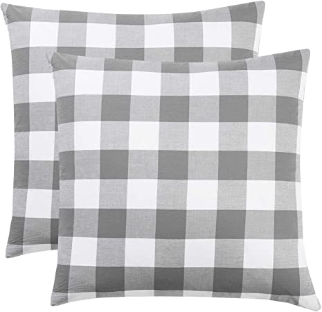 Photo 1 of 2 Pillow Cases, 100% Washed Cotton Pillowcases, Grey Gray White Buffalo Checker Gingham Geometric Plaid Pattern (European Size, 26x26 Inches)