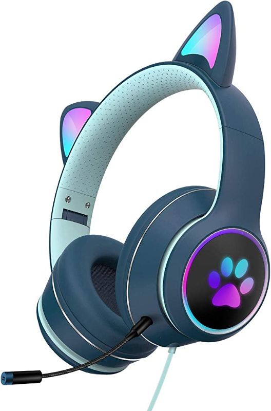 Photo 1 of LVOERTUIG Cat Ear Headphones,Foldable and Stretchable Wireless Bluetooth Gaming Headset with RGB LED Light Wired Gaming Headset Stereo Sound,Over Ear Headphones Gift for Kids and Adult
