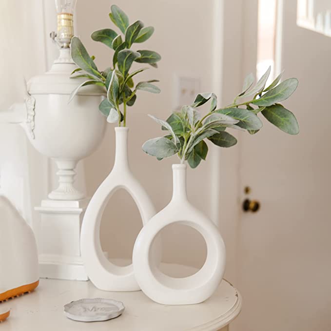 Photo 1 of (MISSING VASE) LIBWYS White Ceramic Vase Set of 2 Modern Decorative Vase Hollow Oval Design Candle Holders Geometric Vases for Living Room Kitchen Office Table Home Centerpiece
