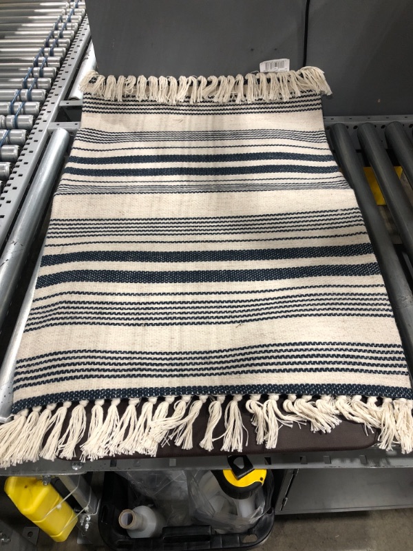 Photo 2 of 2'x3' Striped Tapestry with Fringes Woven Indoor/Outdoor Rug Navy/Ivory - Threshold™
