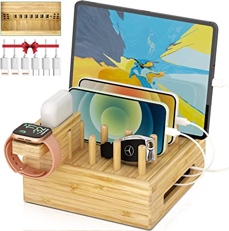 Photo 1 of (NOT FUNCTIONAL; MISSING ONE CABLE) Bamboo Charging Station for Multiple Devices - Darfoo Charging Dock with a Watch-Earbud Stand and 6 Mixed Cables, Multiple USB Charger Station for Smartphone and Tablet
