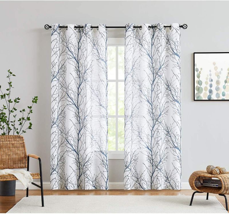 Photo 1 of (STOCK PIC INACCURATELY REFLECTS ACTUAL PRODUCT) Blue White Curtains 84” for Living Room Grey Tree Branches Print Curtain Set Linen Textured Semi-Sheer Window Drapes for Bedroom Grommet Top, 2 Panels
