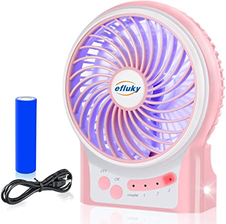 Photo 1 of efluky 3 Speeds Mini Desk Fan, Rechargeable Battery Operated Fan with LED Light and 2200mAh Battery, Portable USB Fan Quiet for Home, Office, Travel, Camping, Outdoor, Indoor Fan, 4.9-Inch,Pink
