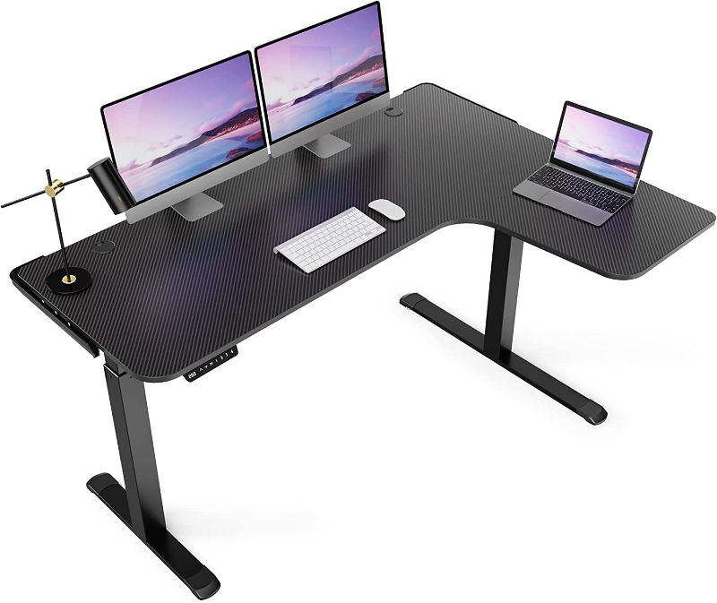 Photo 1 of DESIGNA 61 Inches L Shaped Standing Desk, Electric Height Adjustable Dual Motor Sit Stand Up Home Office Corner Computer Gaming Table Large Modern Workstation with 4 Memory Presets, Black, Right Side
