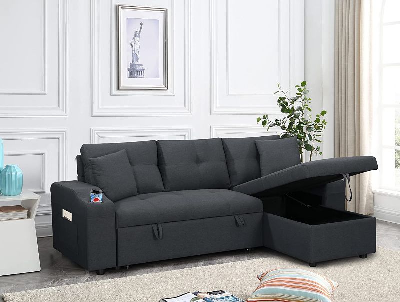 Photo 1 of ***INCOMPLETE BOX 1 OF 3***
GAOPAN 92" Polyester Blend Sectional Sofa L-Shaped Corner Sofá with Reversible Storage Chaise Lounge Convertible Pull Out Sleeper Couch Bed W/Side Pocket, Cup Holders & 2 Pillows, Dark Gray
